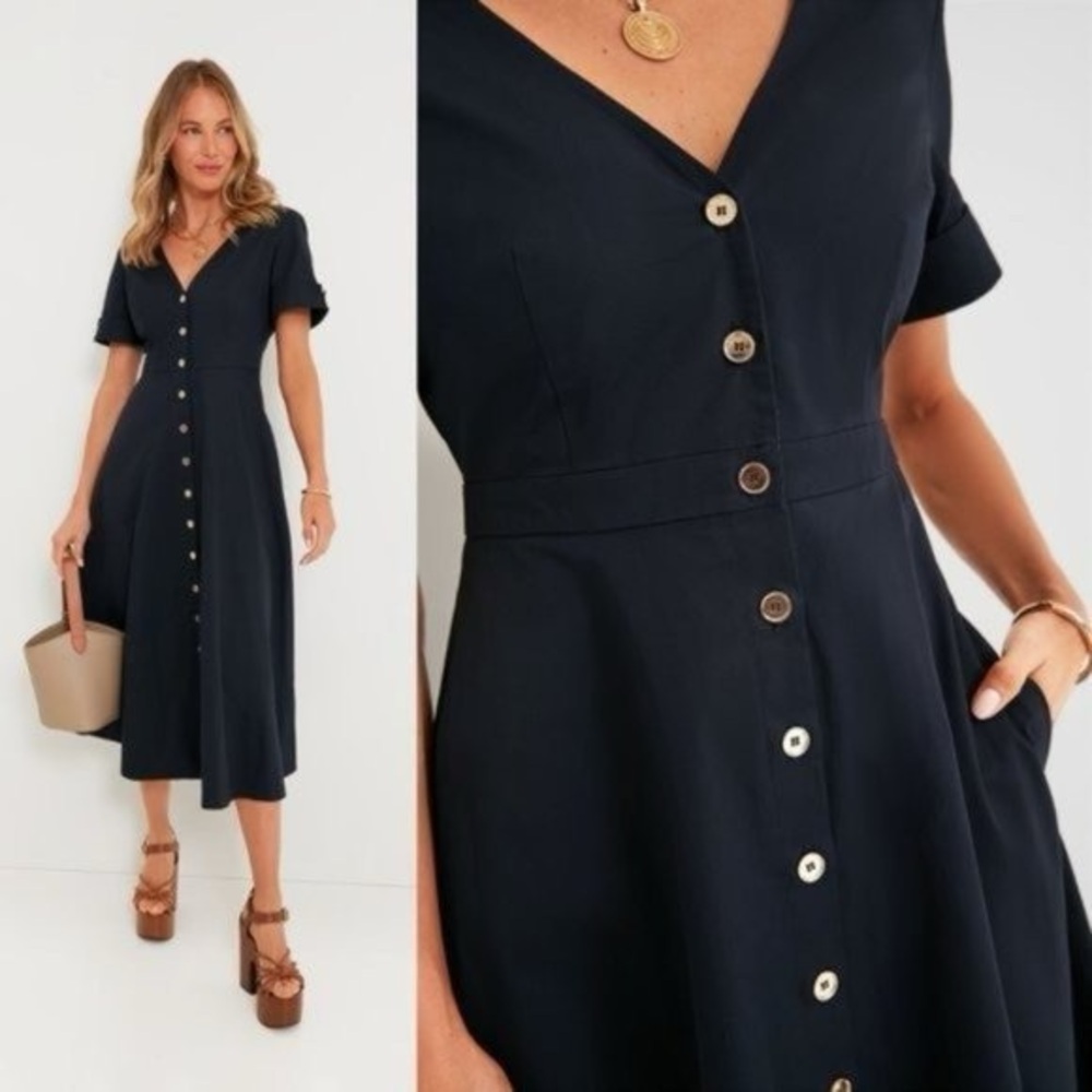 Tuckernuck Button-Down Navy Midi Dress with gold buttons